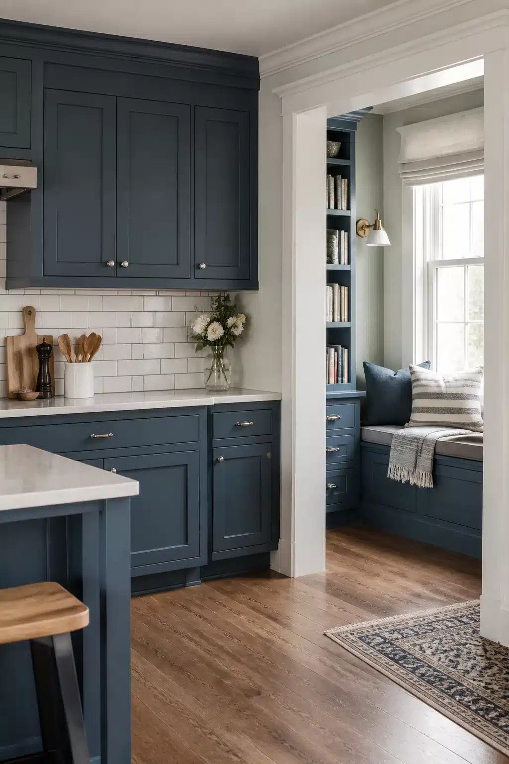 Colonial blue shaker cabinets with brass hardware and white subway tile in a traditional kitchen design