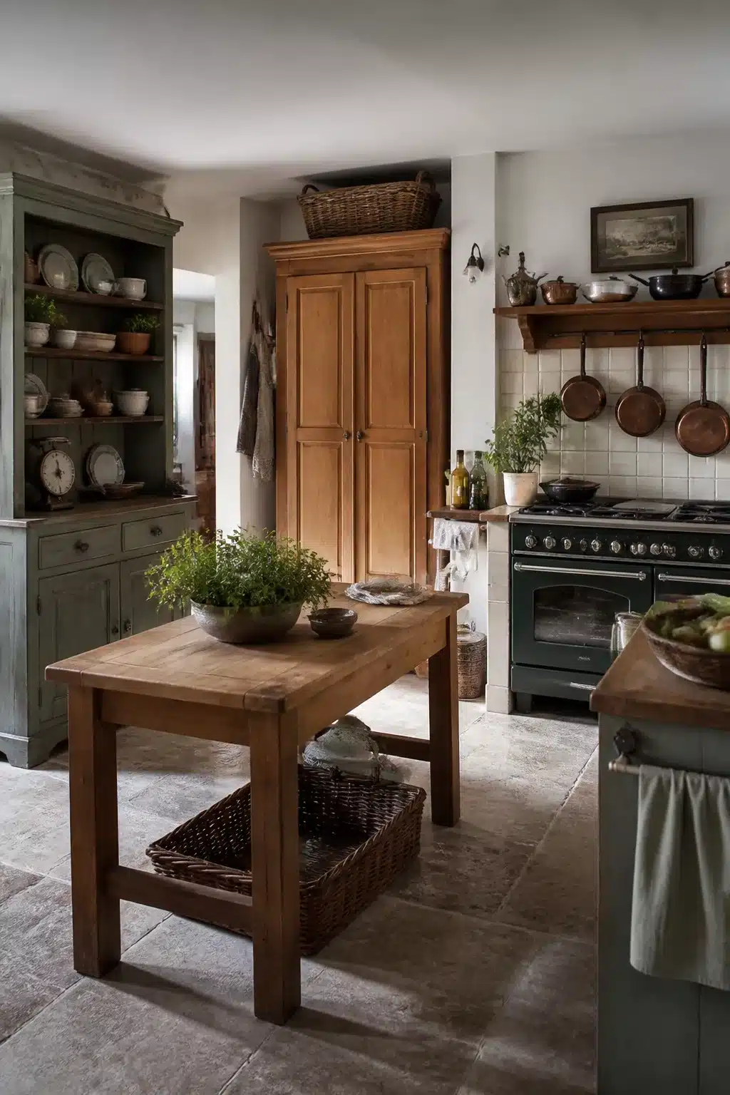 Unfitted freestanding furniture traditional kitchen design with oak prep table, pine armoire, and aged stone floor.