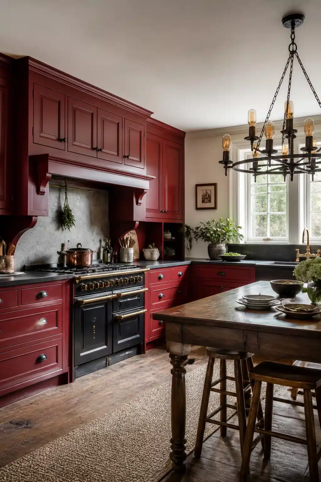 Traditional kitchen design with heritage red lacquer cabinets, black range cooker, dark soapstone counters and wood plank floors.