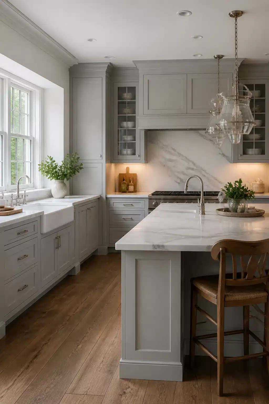 Soft gray Shaker cabinets with marble slab backsplash and wood floors — traditional kitchen design ideas