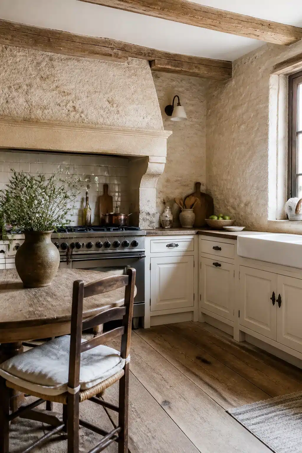 Rustic traditional kitchen design with rough plaster walls, stone hood, exposed timber beams, and cream inset cabinetry