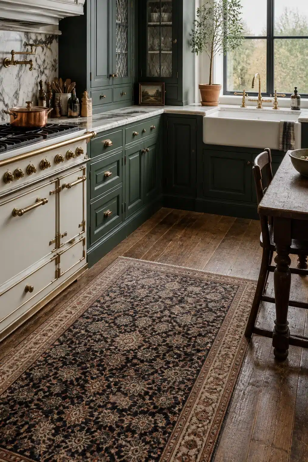 Traditional kitchen design with hunter green inset cabinets, La Cornue range, leaded glass uppers & Persian runner rug