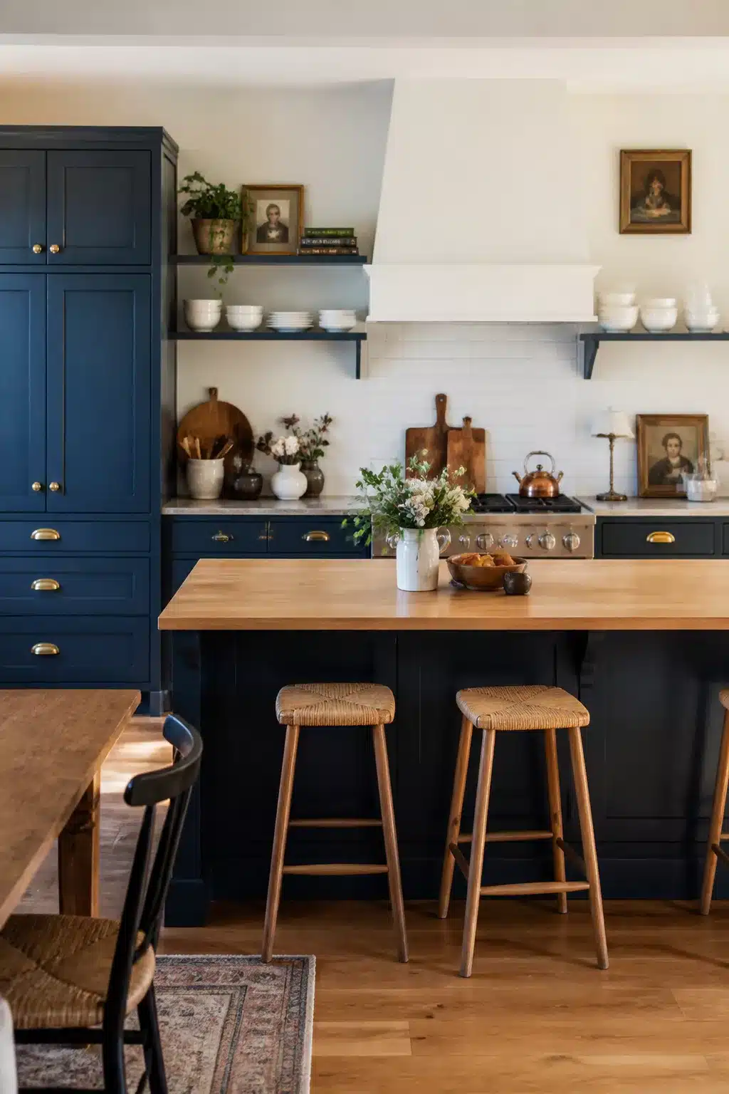 Traditional kitchen design with deep navy blue cabinetry, brass hardware, butcher block island, and open shelving.