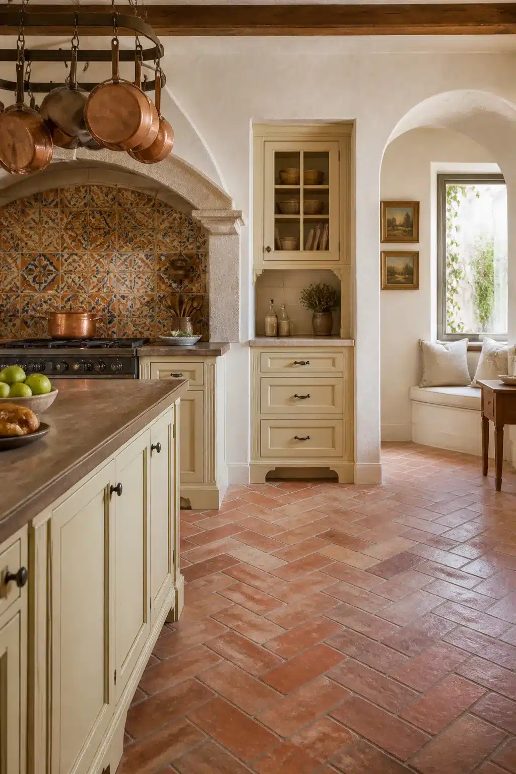 Traditional kitchen design with encaustic tile backsplash, cream cabinetry, and terracotta herringbone floor tiles.