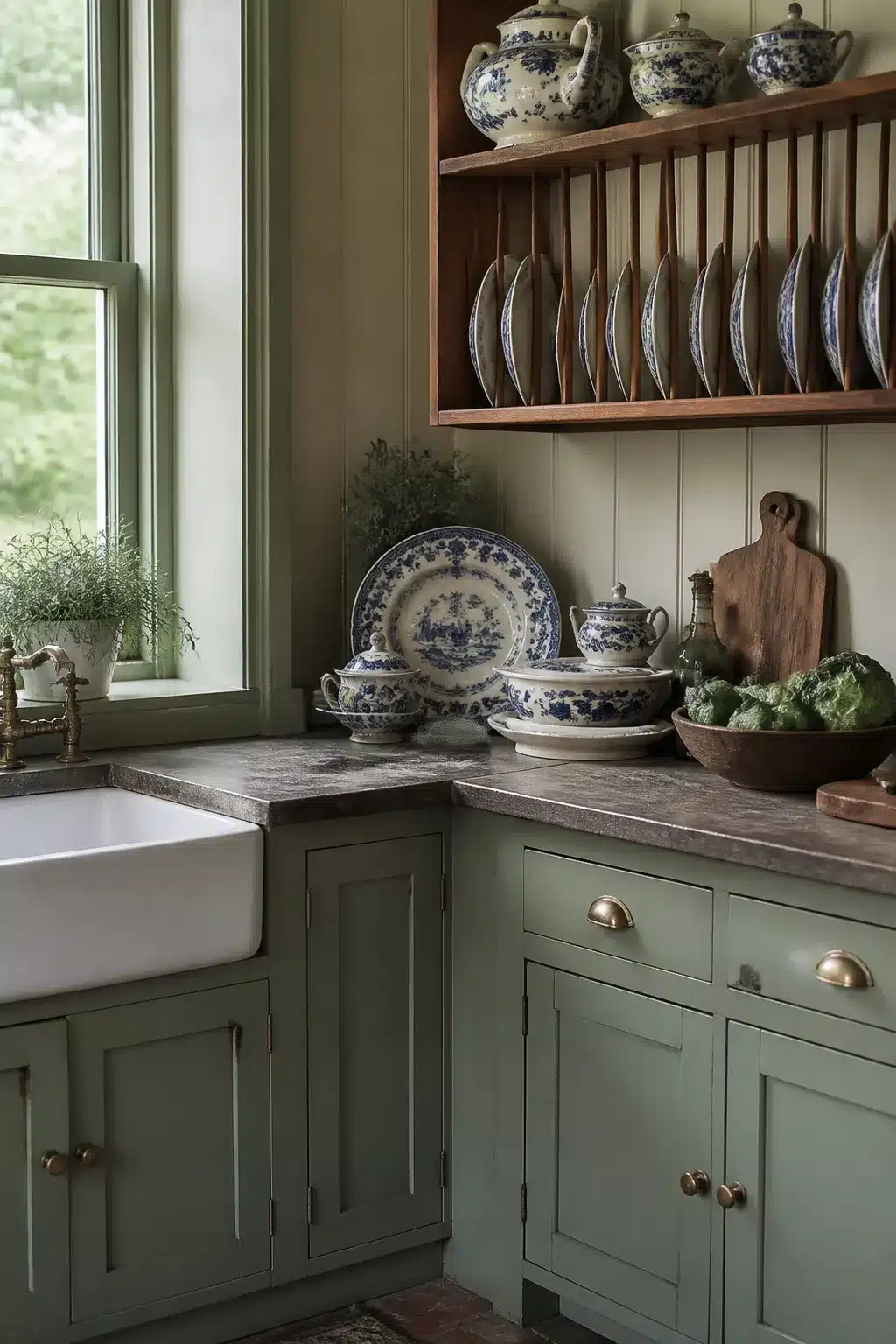 Traditional kitchen design with cottage green cabinets, wooden plate rack, blue-and-white china, and farmhouse sink.
