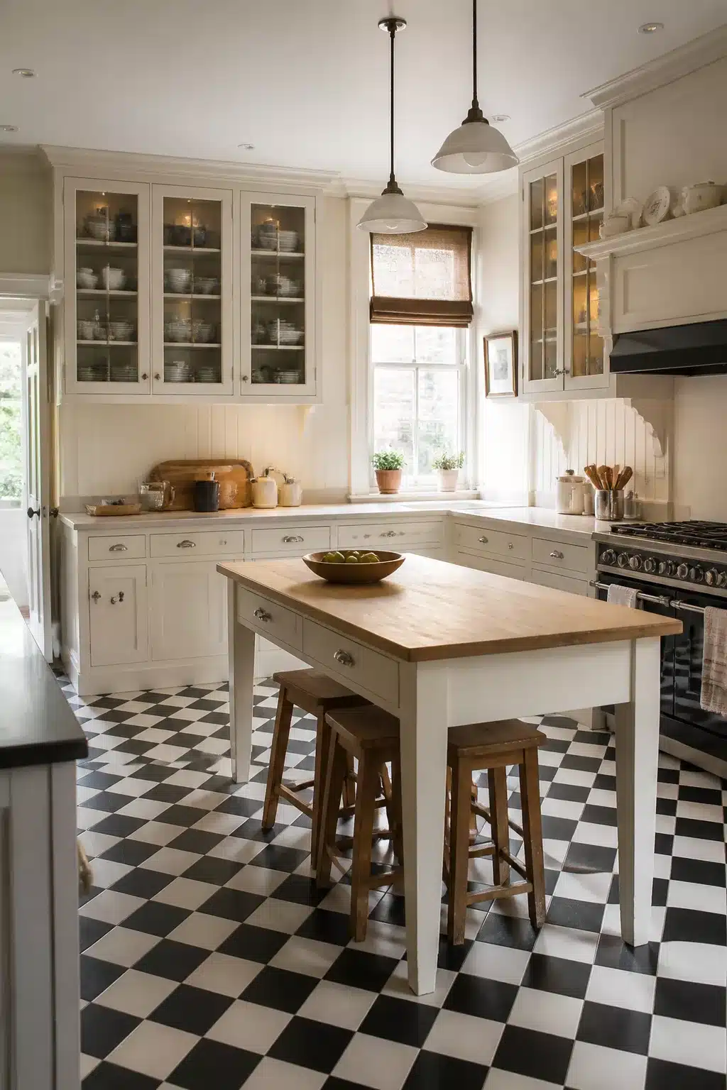 Edwardian traditional kitchen design with glazed cabinets, checkerboard floor, and freestanding butcher block island
