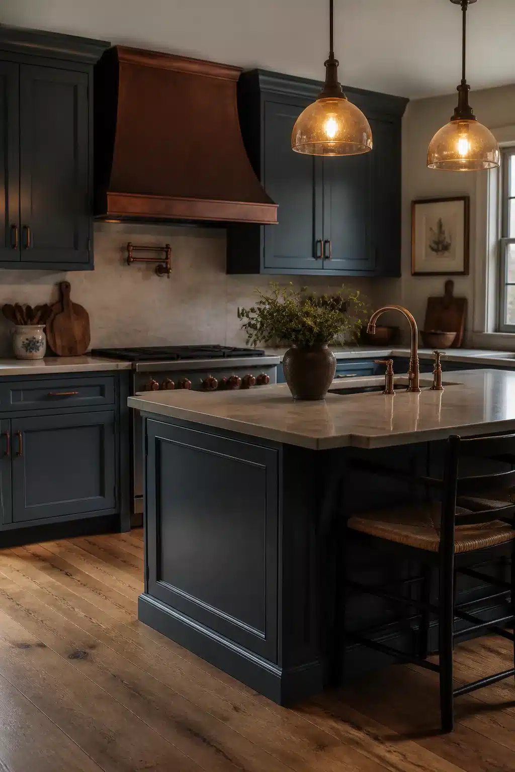 Traditional kitchen design with smoky blue-gray cabinets, hammered copper range hood, and stone island countertop