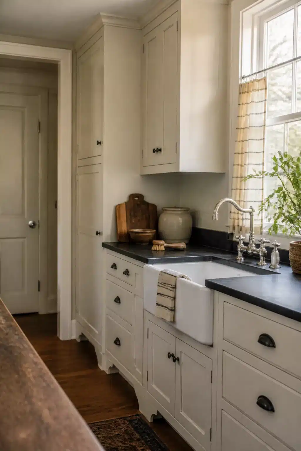 Traditional kitchen design with linen white inset cabinets, soapstone counters, cup-pull hardware and an apron-front sink.