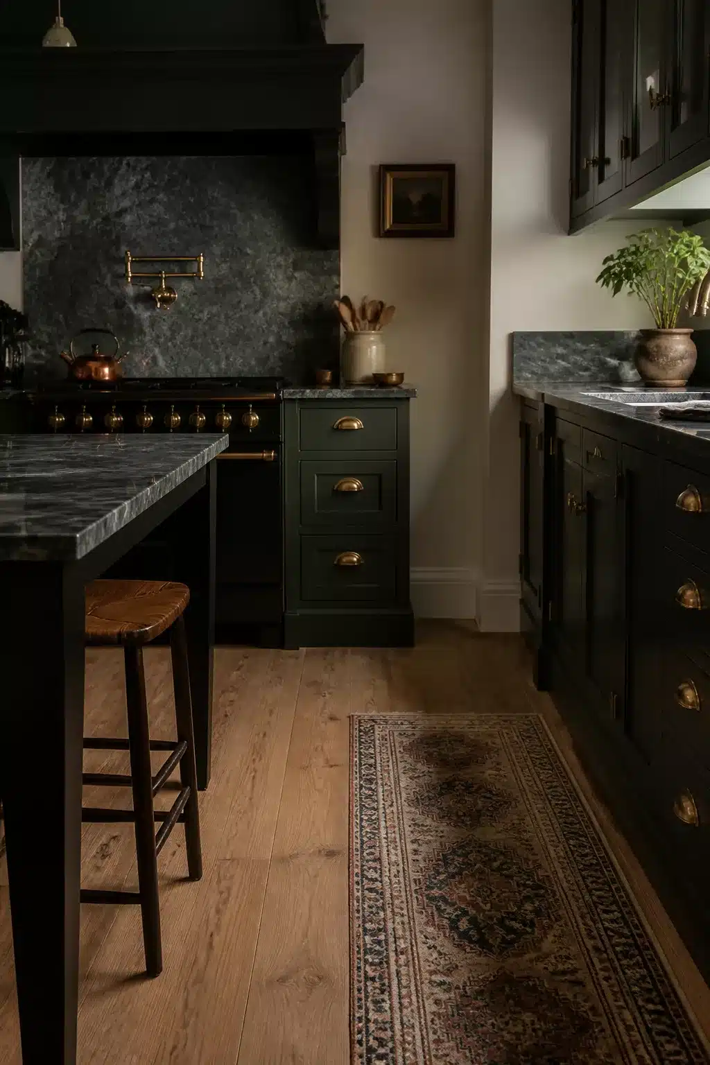 Dark green inset cabinetry with brass hardware and marble counters — traditional kitchen design with Persian runner.