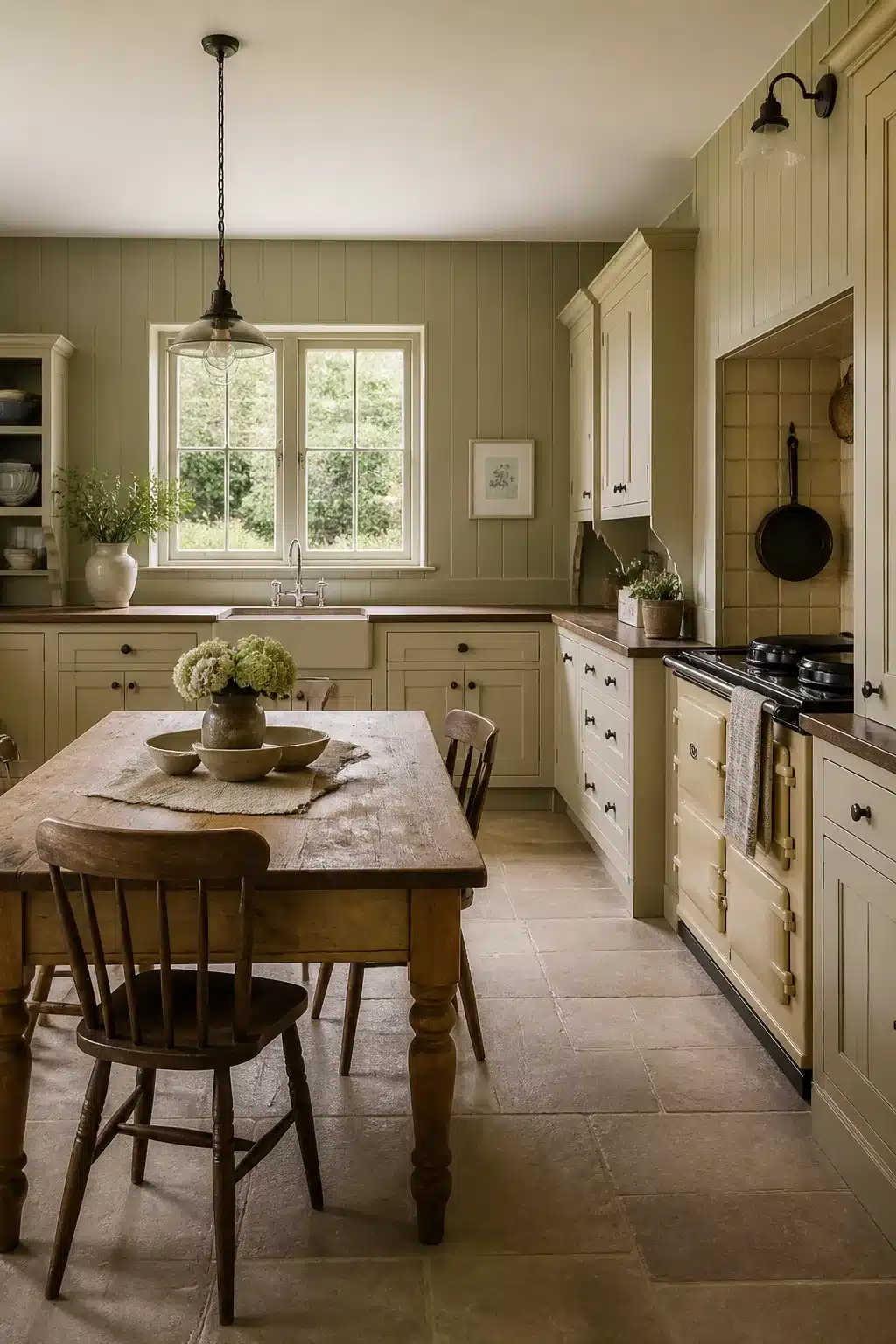 Traditional kitchen design with sage green cabinetry, AGA range cooker, stone floor, and antique pine dining table.