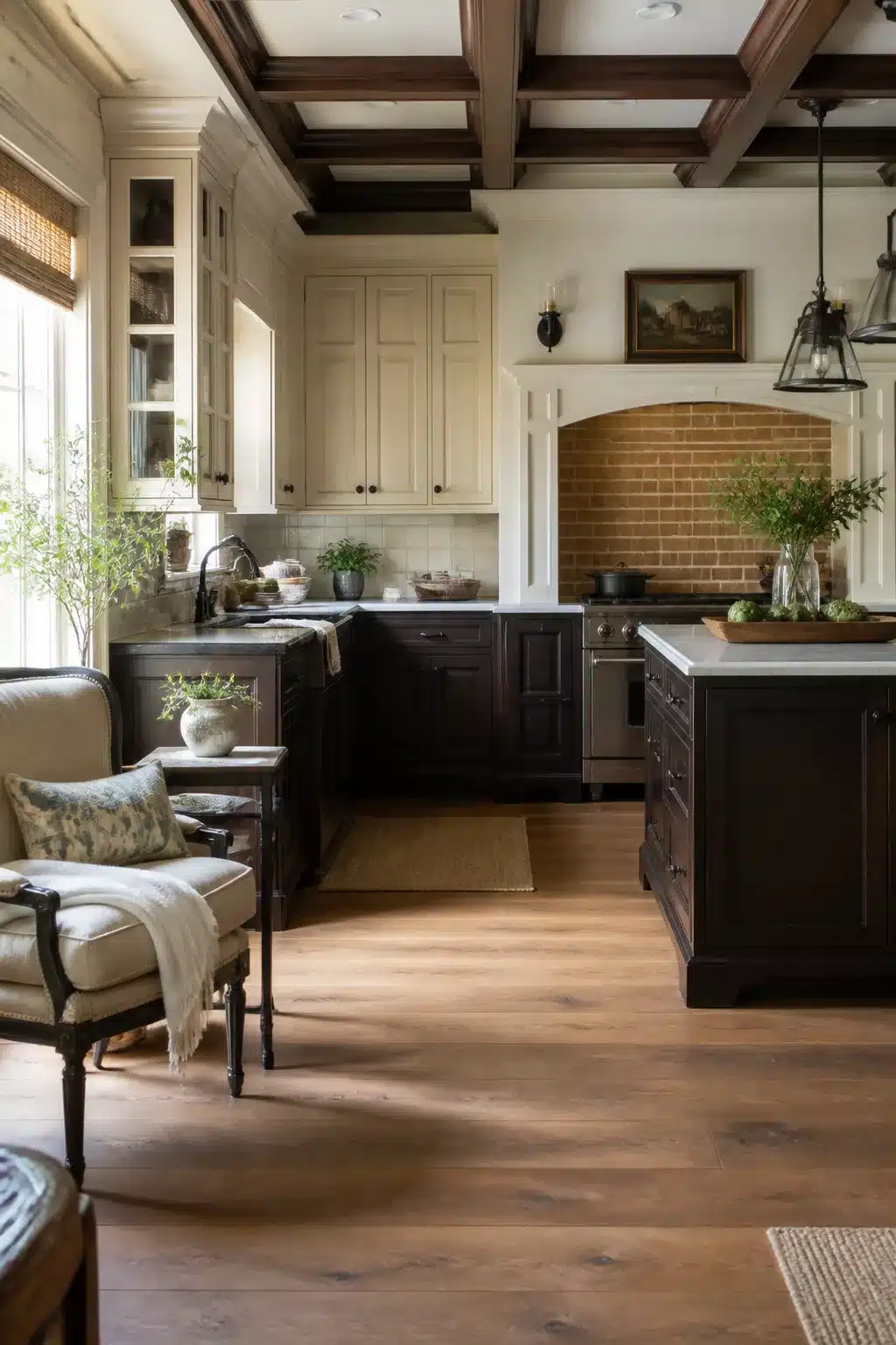 Traditional kitchen design with exposed brick arch, espresso lower cabinets, cream uppers, and coffered ceiling.