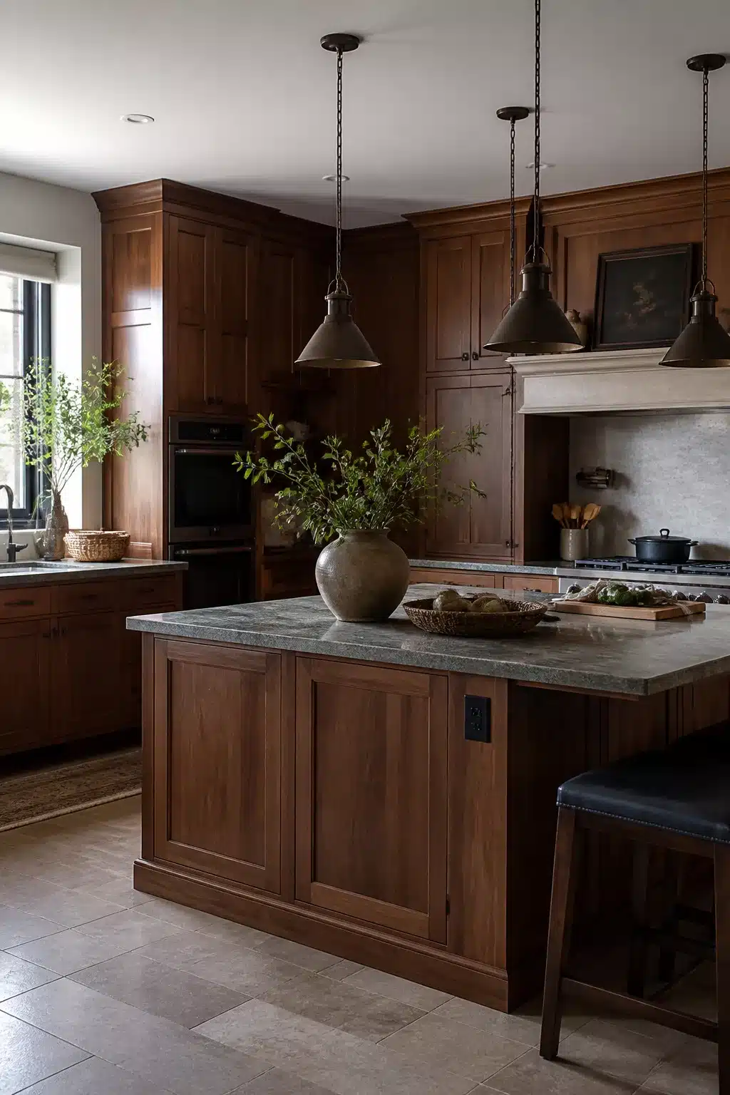 Traditional kitchen design with rich walnut paneled cabinetry, soapstone island, and bronze pendant lights.