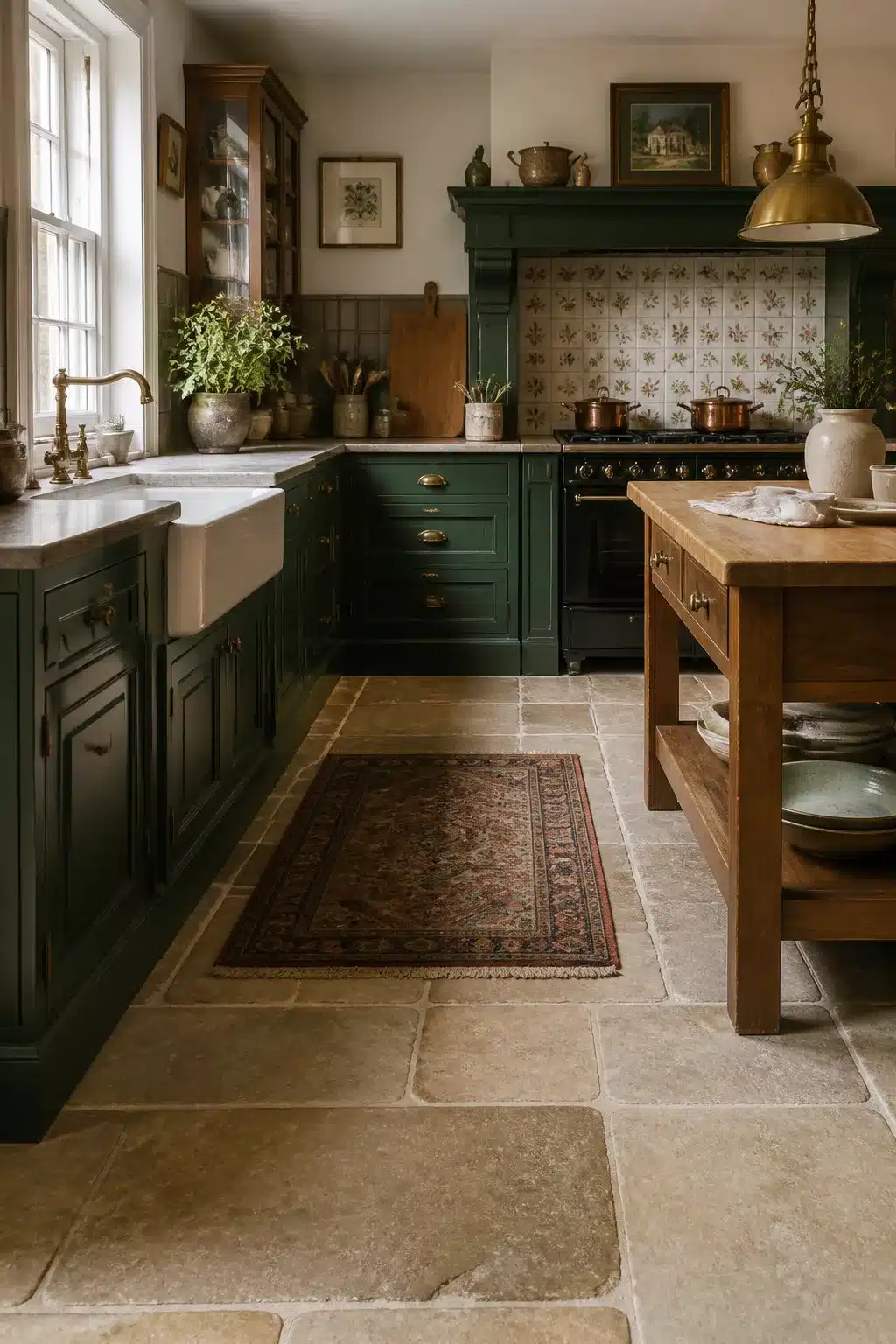 Traditional kitchen design with forest green cabinets, stone tile floor, apron sink, and floral tile backsplash.