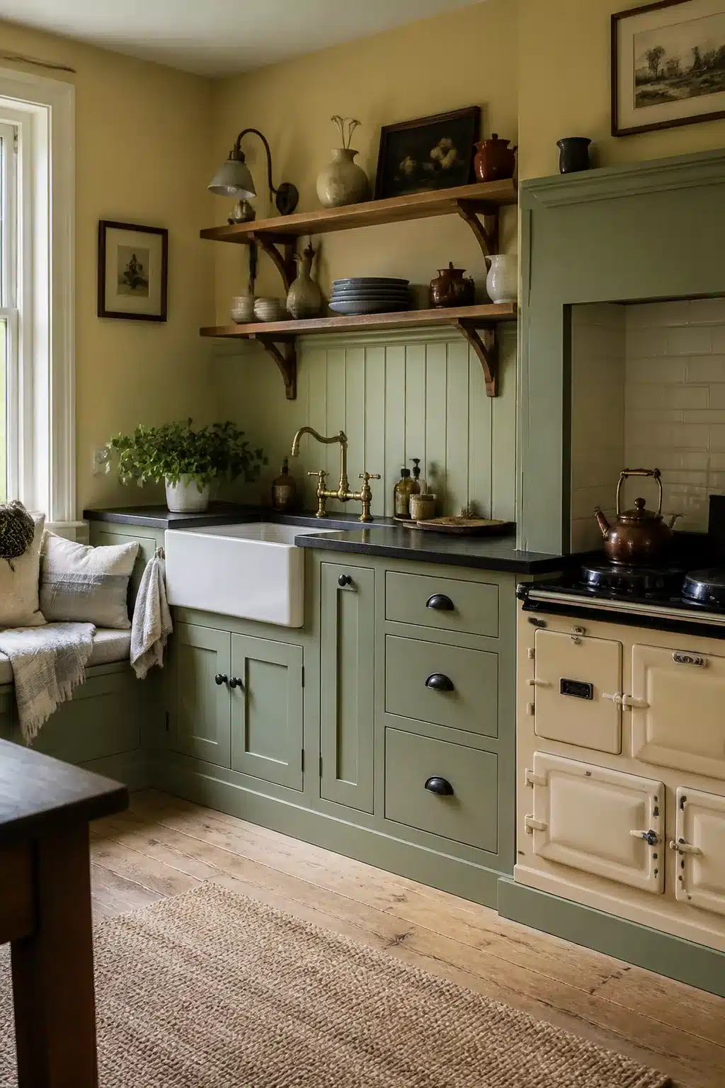 Sage green shaker cabinets with brass faucet and AGA range — traditional kitchen design with open shelving