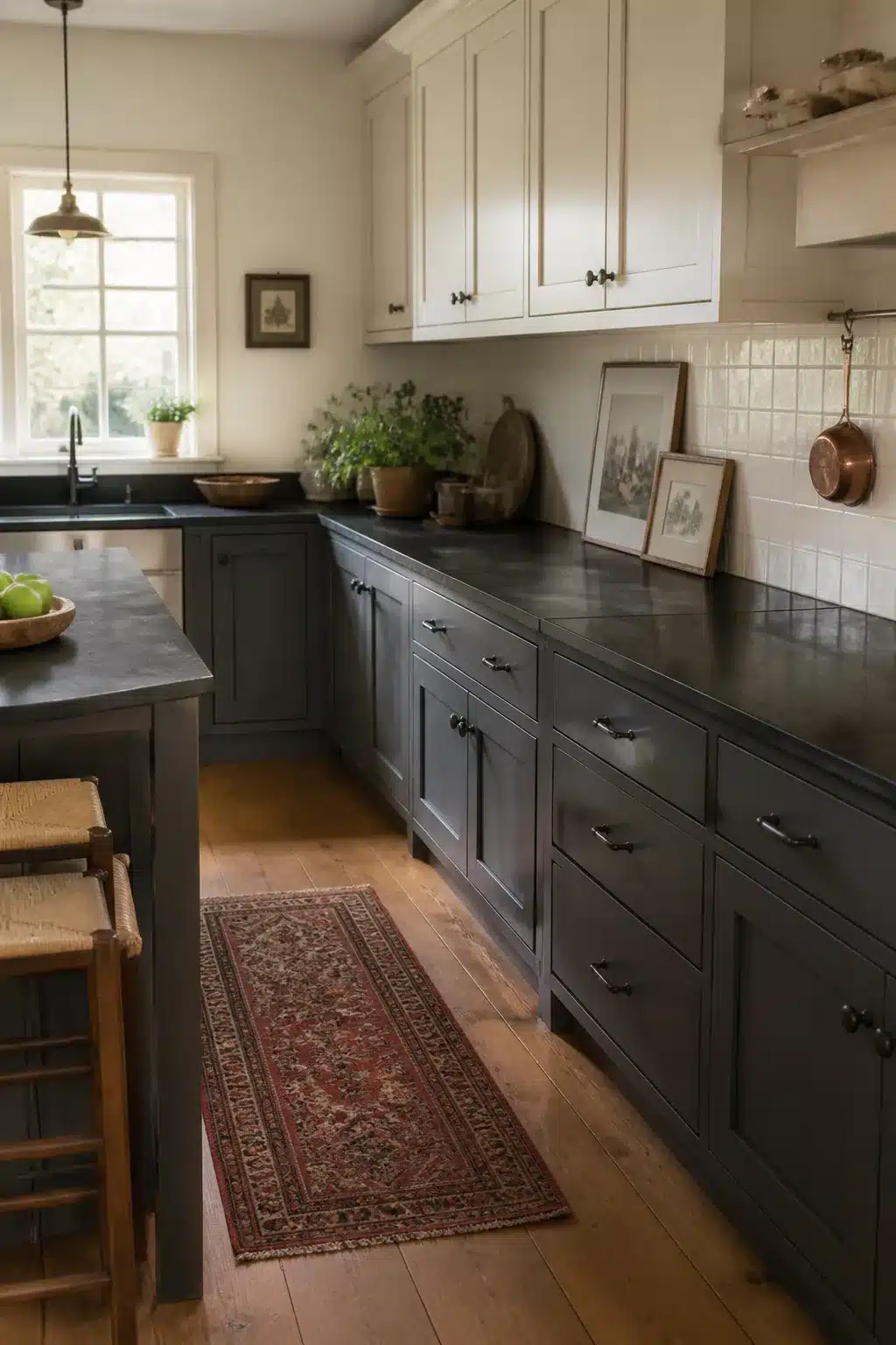 Two-tone traditional kitchen design with ivory upper cabinets, charcoal lowers, slate counters, and oak hardwood floors.