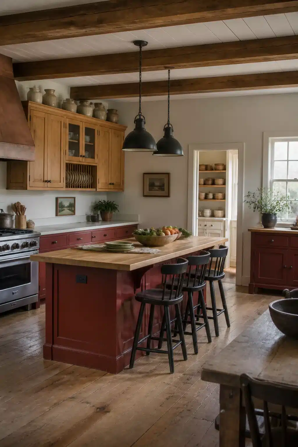 Rustic traditional kitchen design with barn red island, butcher block top, wood cabinets and exposed ceiling beams