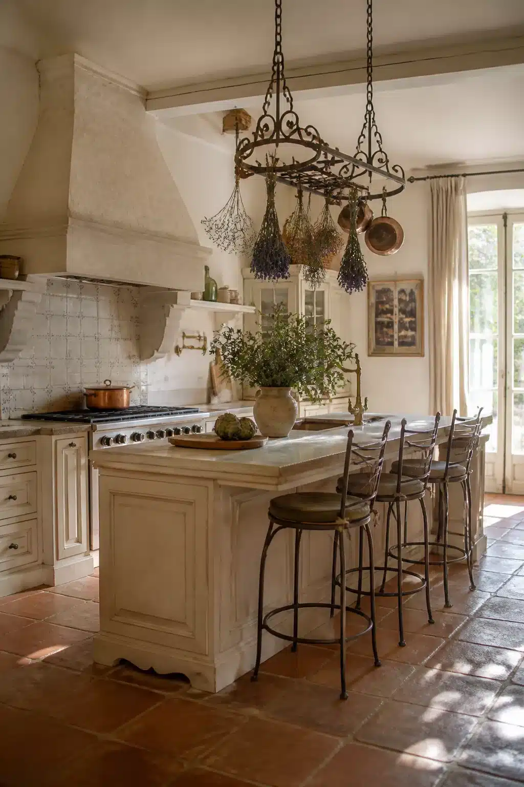 French Provençal traditional kitchen design with wrought iron pot rack, dried herbs, terracotta floors, and classic carved island.