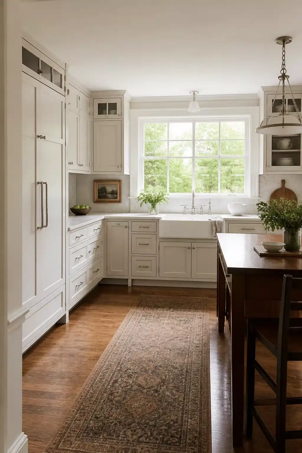 Traditional kitchen remodel ideas with creamy white inset cabinets, apron sink, and warm hardwood floors