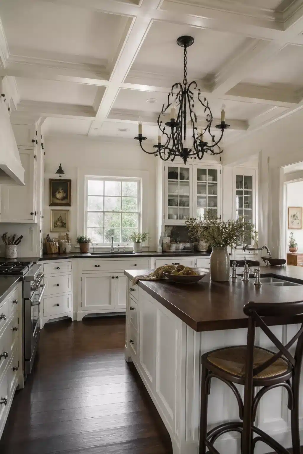 Traditional kitchen remodel ideas with coffered ceiling, wrought iron chandelier, white cabinets, and dark wood island top.
