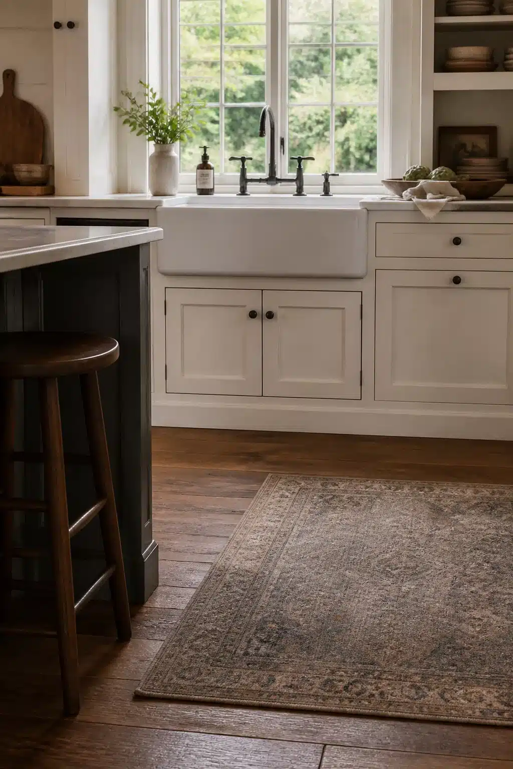 Traditional kitchen remodel ideas featuring a farmhouse sink in a window alcove with a Persian rug and dark island