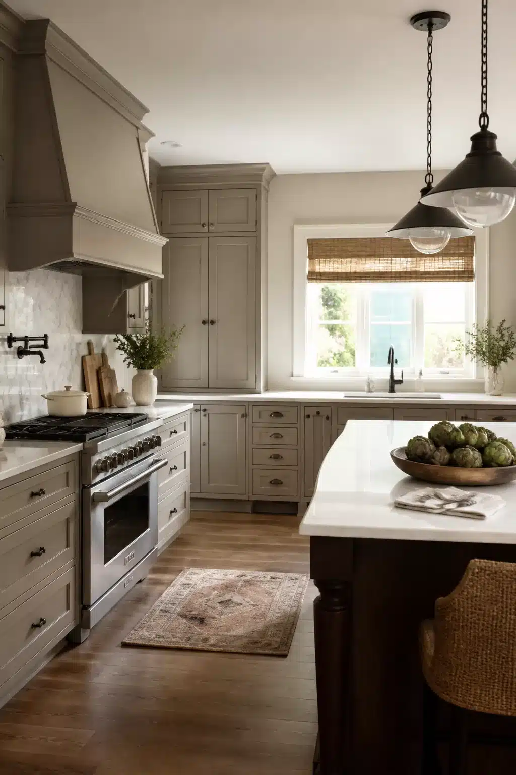 Traditional kitchen remodel ideas featuring warm gray cabinetry, dark island base, marble backsplash, and bronze pendants.