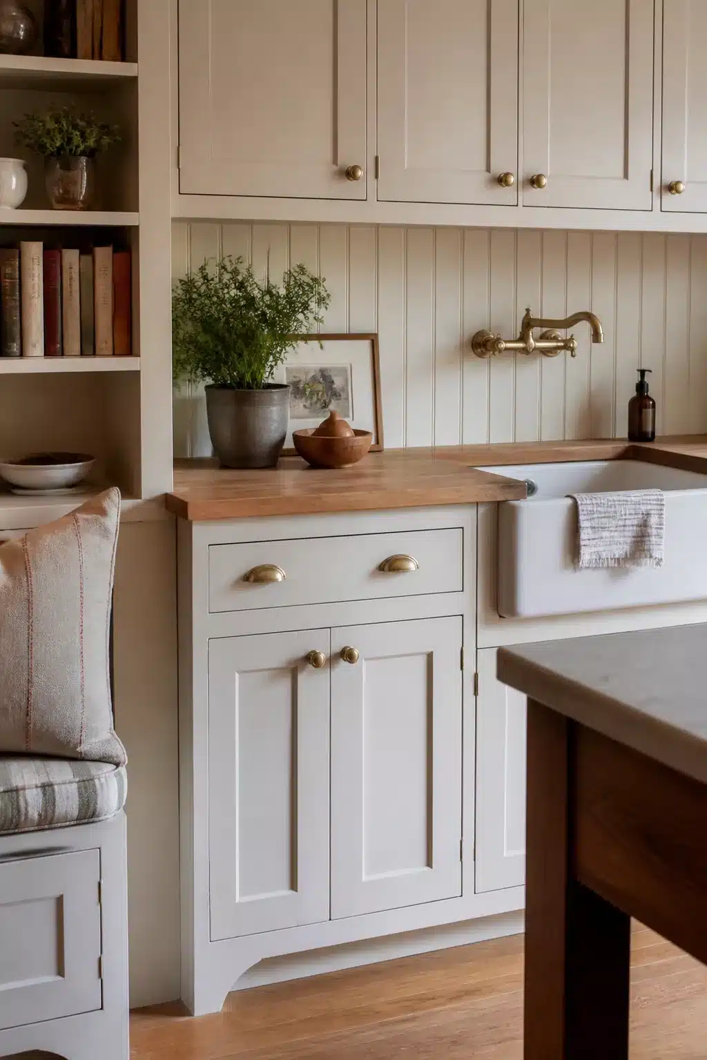 Traditional kitchen remodel ideas with beadboard backsplash, warm wood countertop, and brass wall-mount faucet.