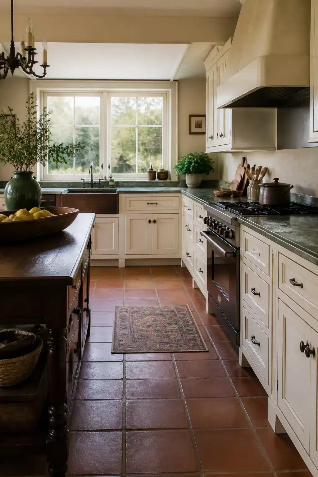 Traditional kitchen remodel ideas featuring antique white glazed cabinetry, soapstone countertops, and terracotta tile floors.