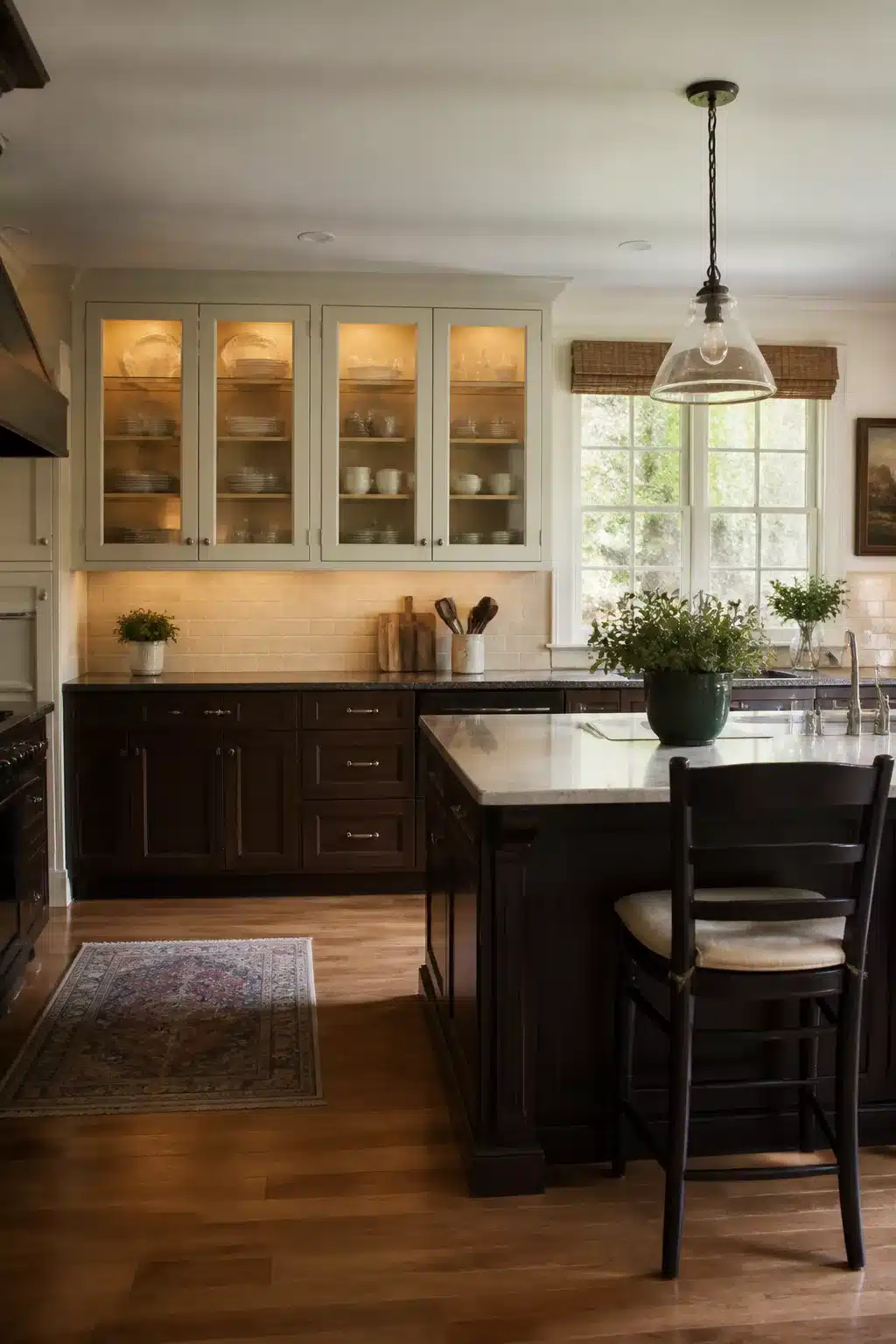 Traditional kitchen remodel ideas with glass-front upper cabinets, interior lighting, dark lower cabinets, and marble island.