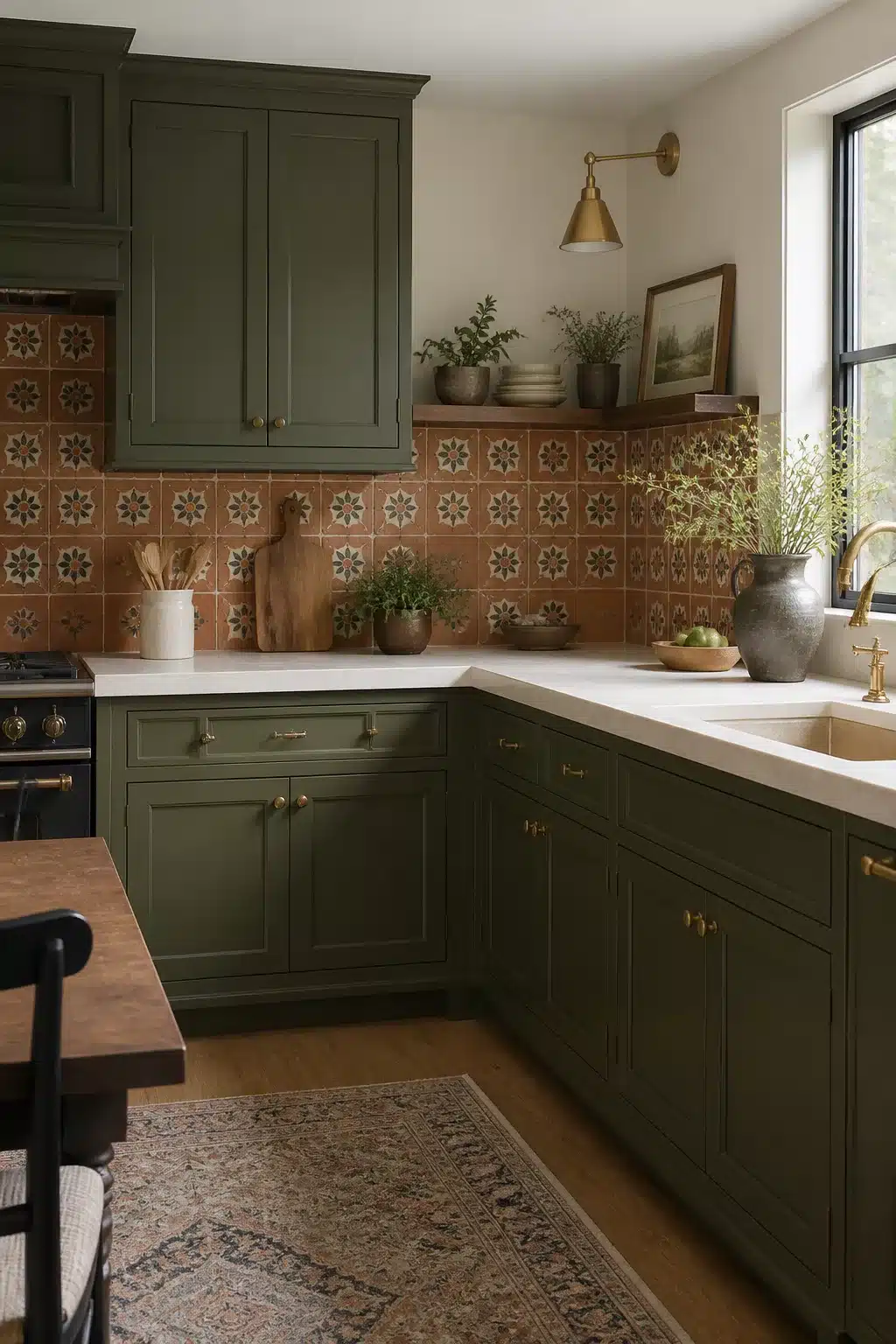 Traditional kitchen remodel ideas with olive green shaker cabinets, terracotta star tile backsplash, and brass hardware
