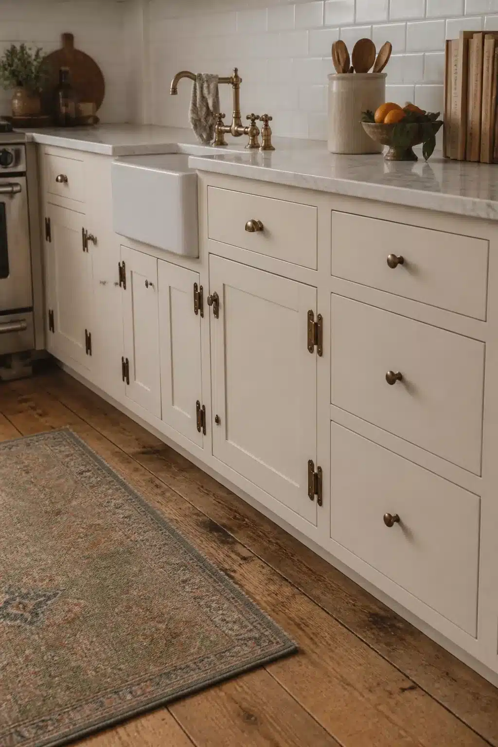 Traditional kitchen remodel ideas featuring inset cabinets with exposed brass hinges, farmhouse sink, and wide-plank wood floors.
