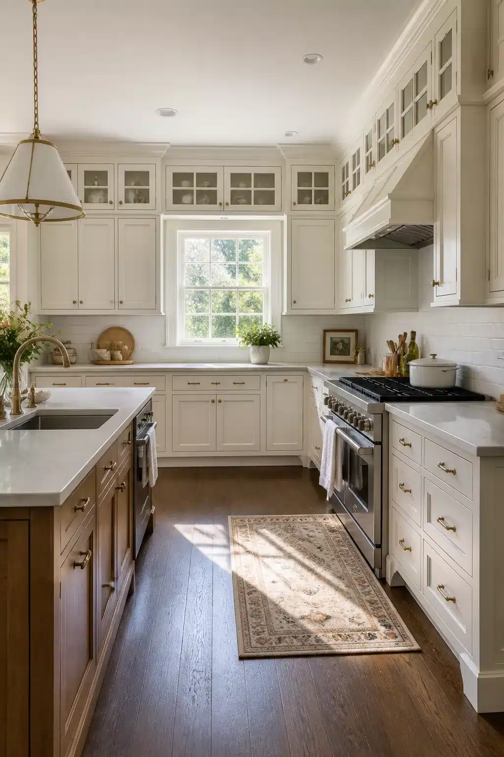 Traditional kitchen remodel ideas with double-stacked white upper cabinets, brass hardware, and dark hardwood floors.