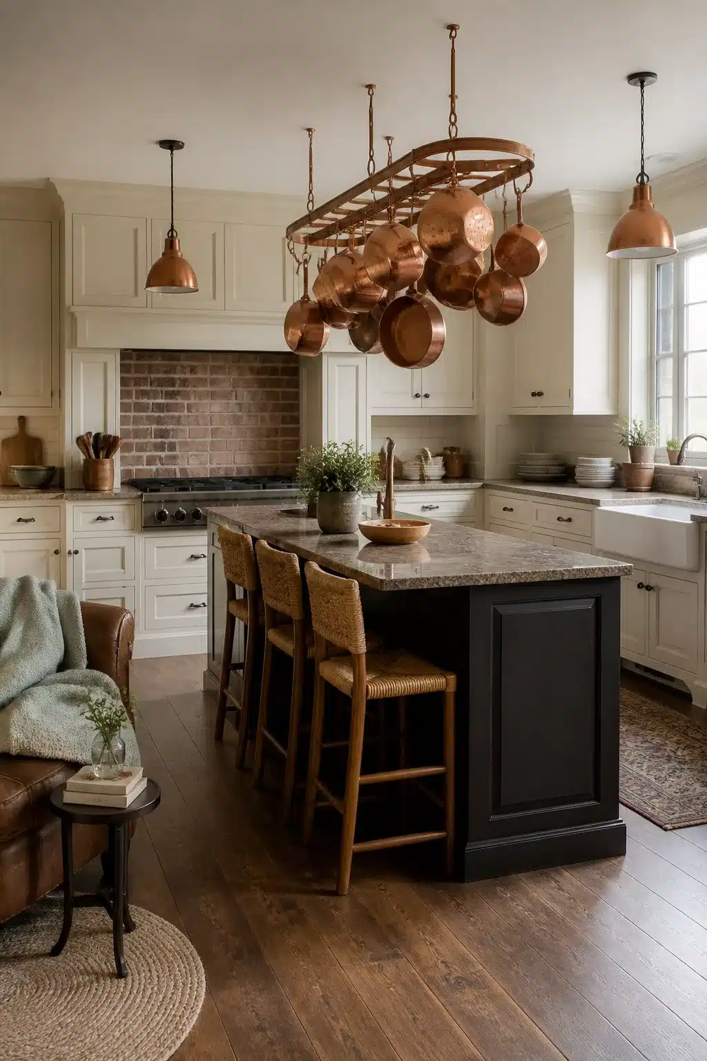 Traditional kitchen remodel ideas with copper pot rack, hanging pans, dark island, and cream cabinets over hardwood floors.