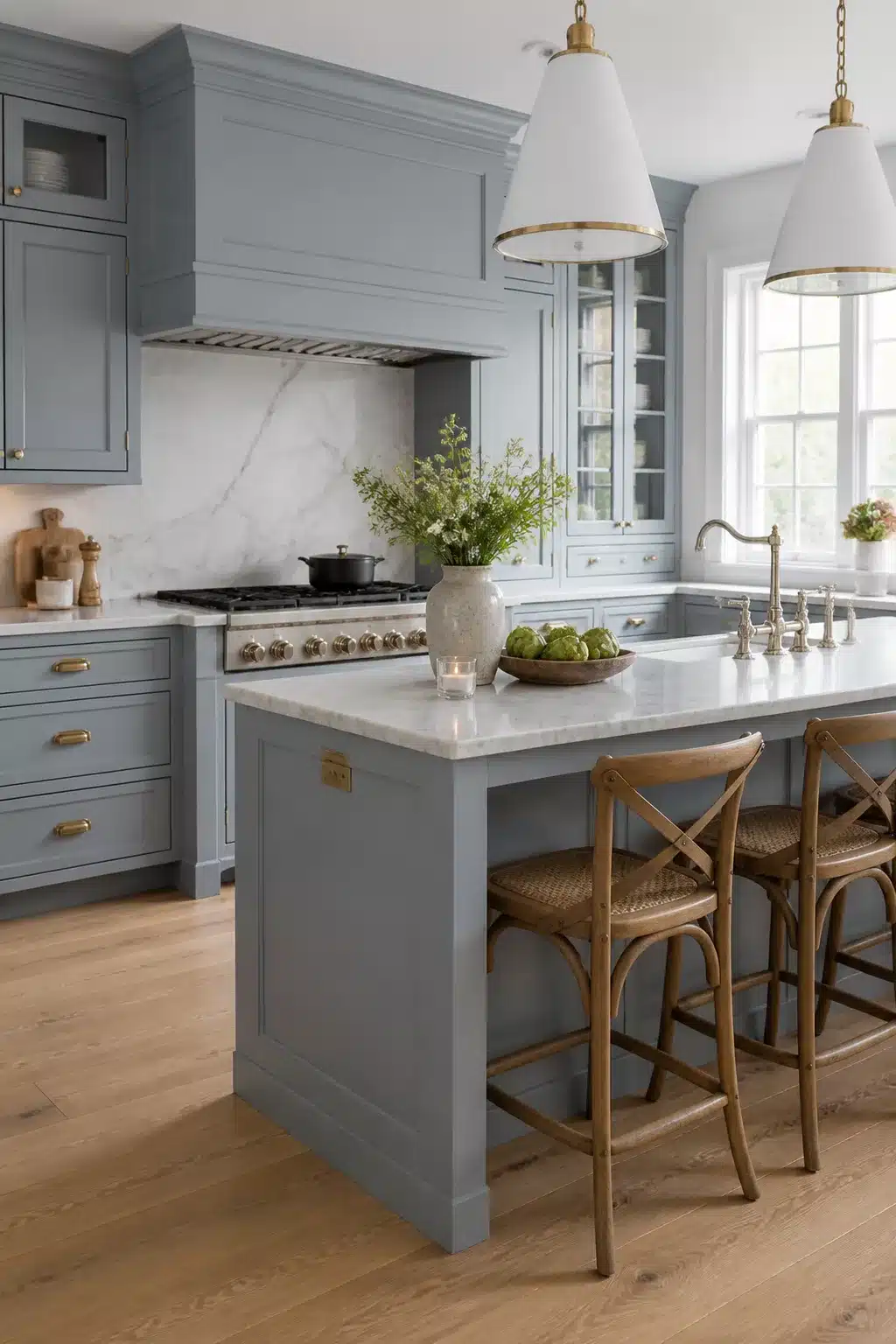 Traditional kitchen remodel ideas featuring soft blue cabinets, marble slab backsplash, brass hardware, and white oak floors