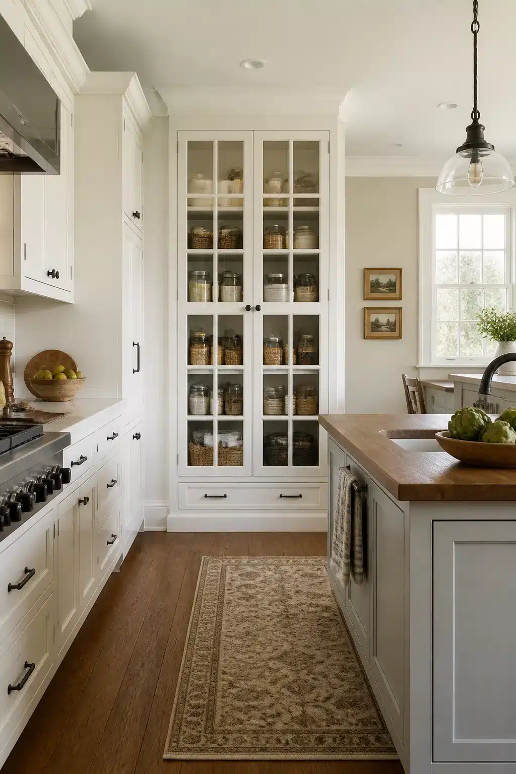 Traditional kitchen remodel idea featuring a floor-to-ceiling glass mullion pantry cabinet with matte black hardware and wood floors.