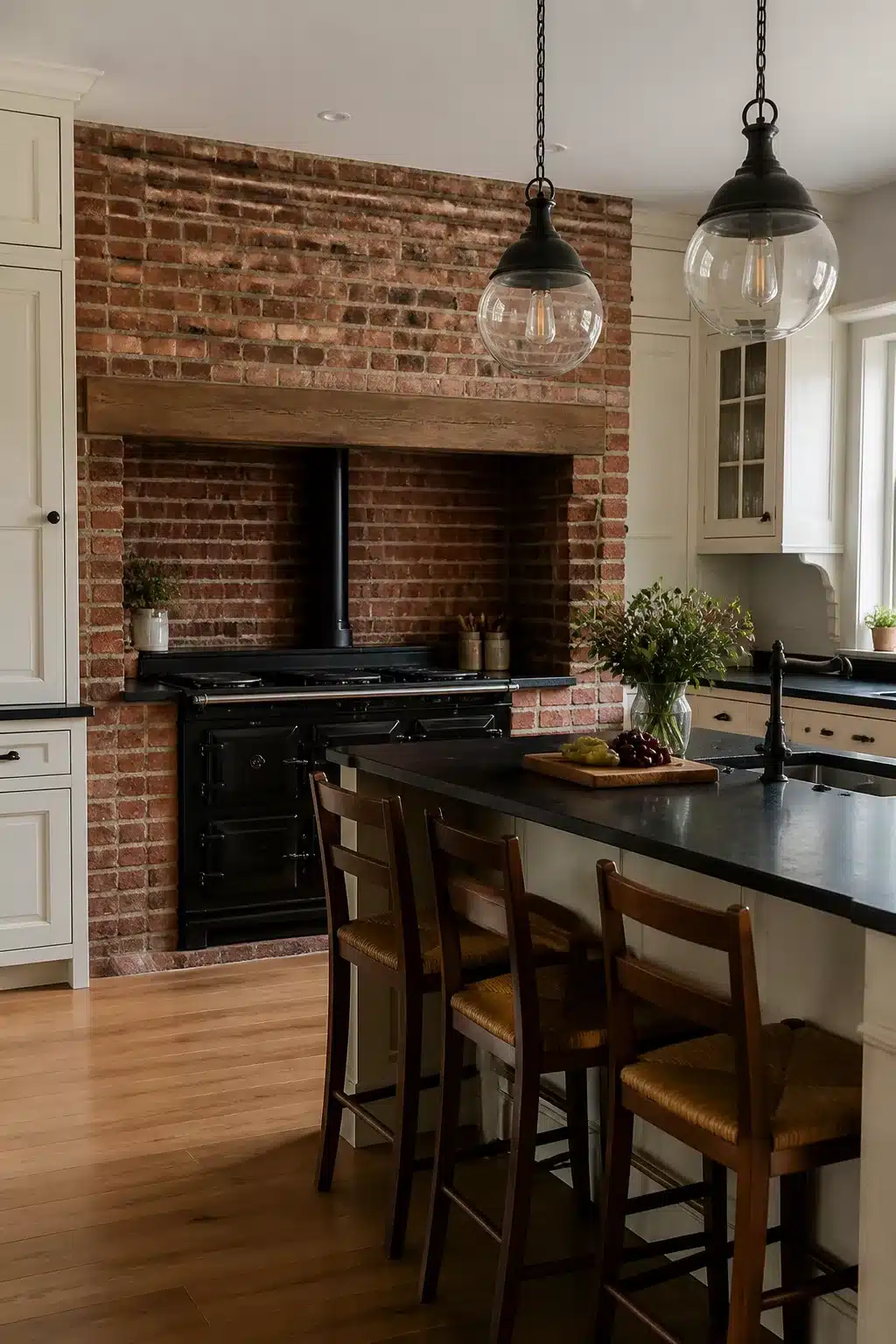 Traditional kitchen remodel idea with exposed red brick alcove, black range, and soapstone island countertop.