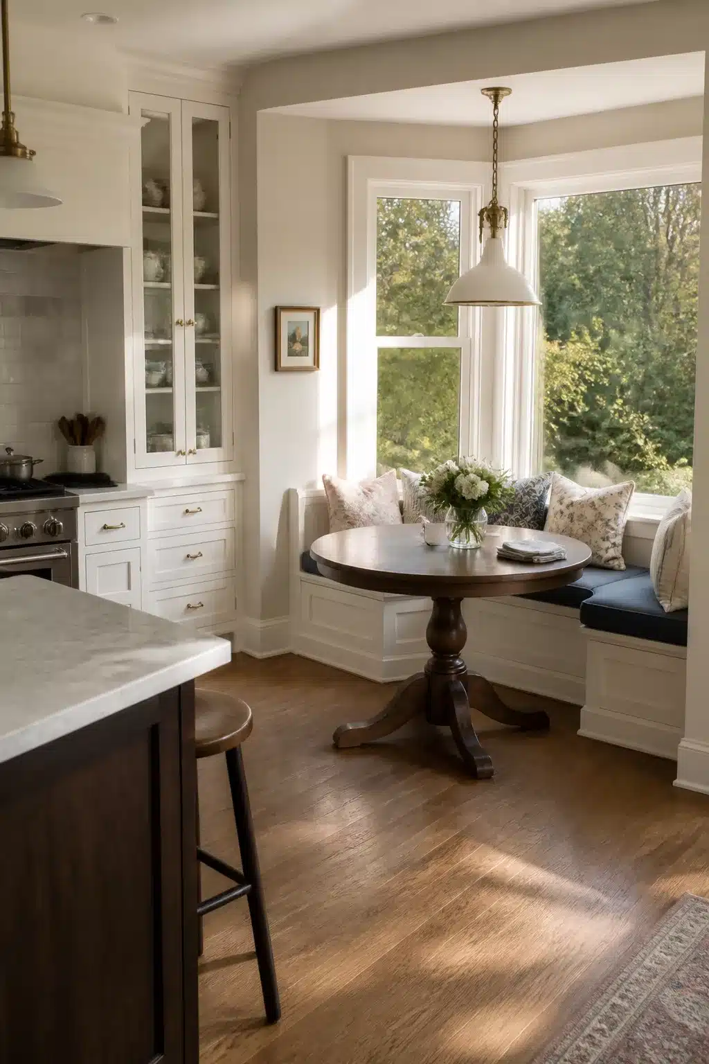 Traditional kitchen remodel ideas with built-in bay window bench seat, round pedestal table, and white cabinetry