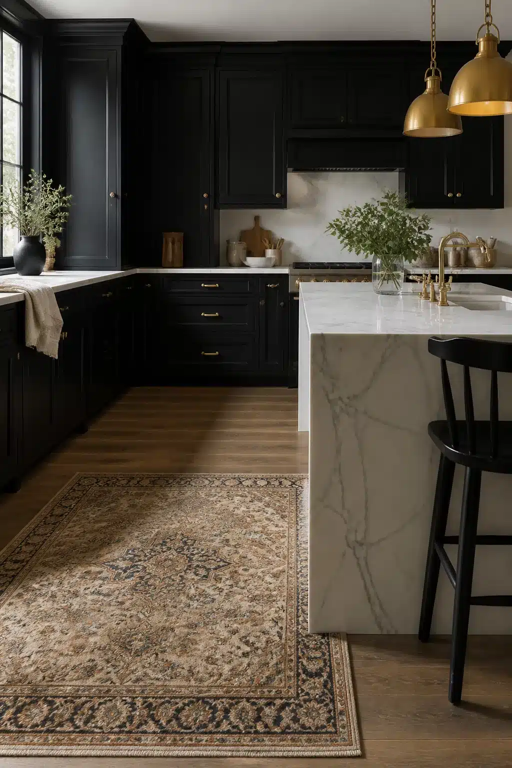 Traditional kitchen remodel ideas with black cabinetry, gold hardware, marble island, and brass pendant lights