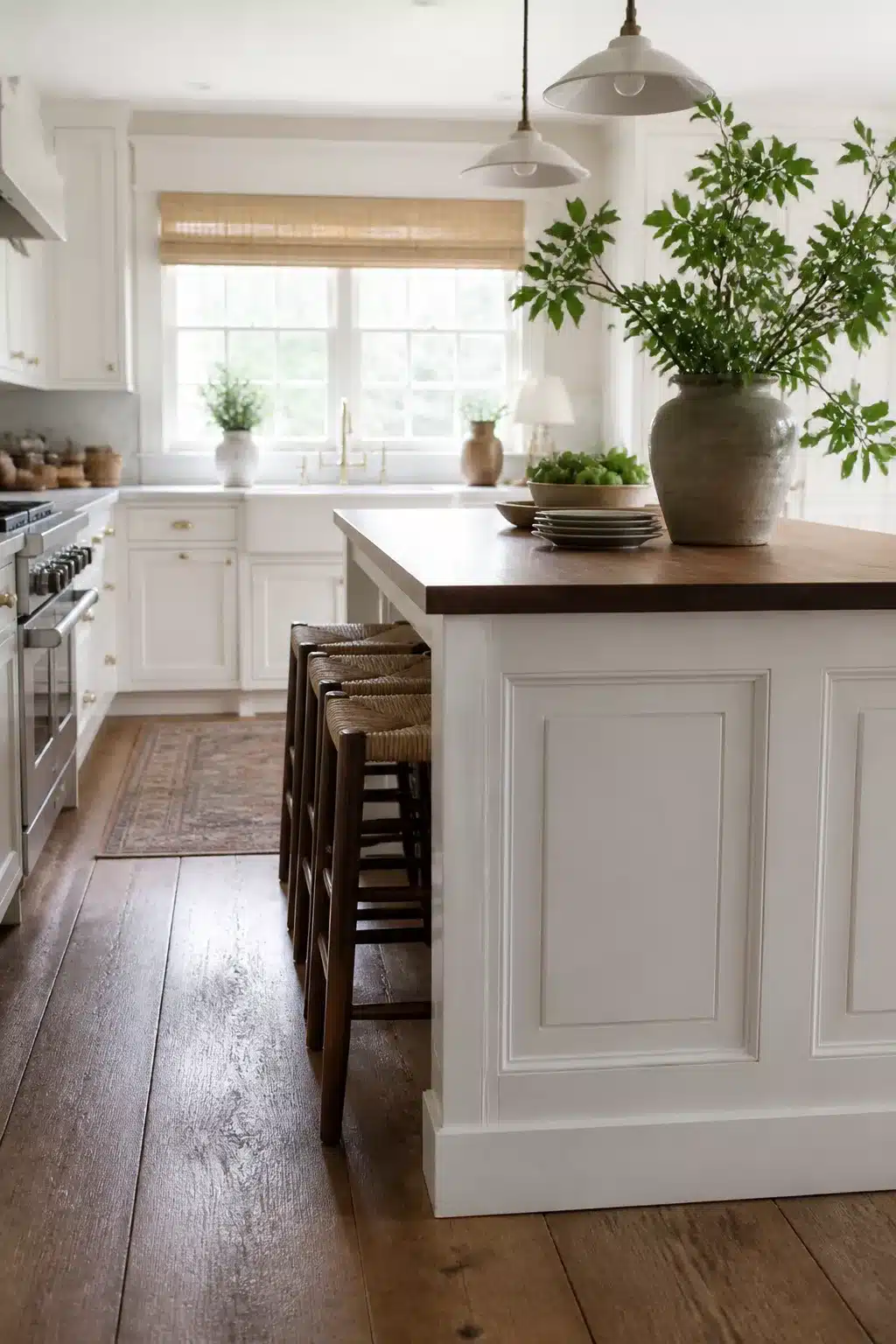Traditional kitchen remodel idea with raised panel wainscoting island base, walnut countertop, and wide plank hardwood floors