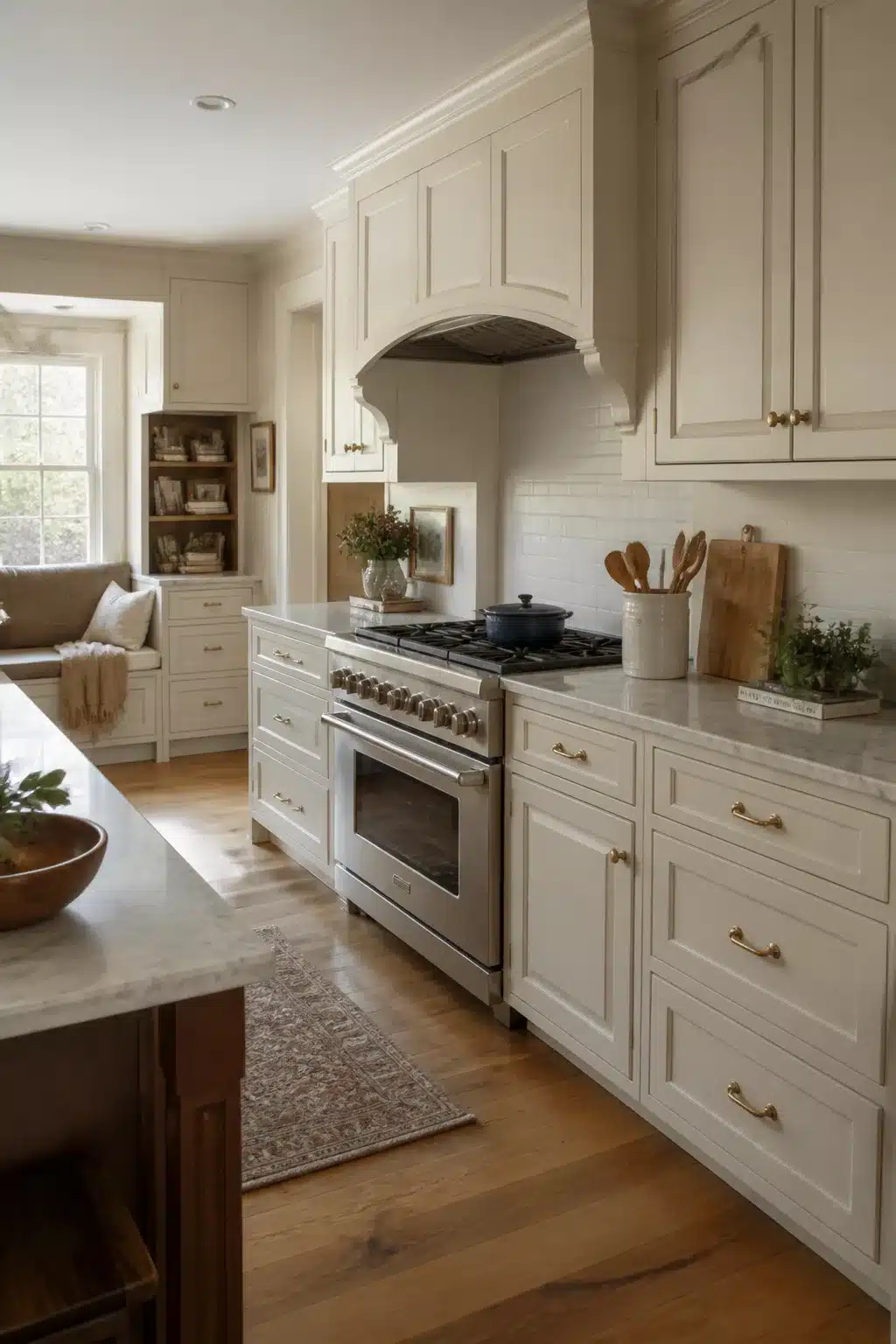 Ivory kitchen with arched range hood, gold hardware and oak floors — traditional kitchen remodel ideas