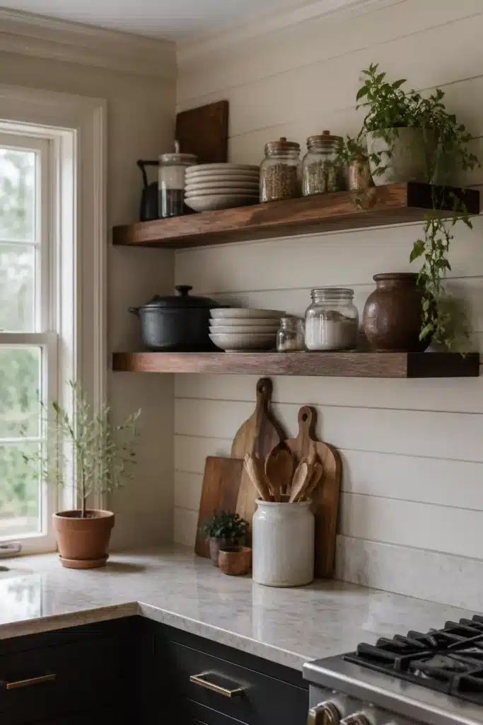 Traditional kitchen remodel ideas with dark walnut floating shelves, shiplap backsplash, and open shelf styling tips
