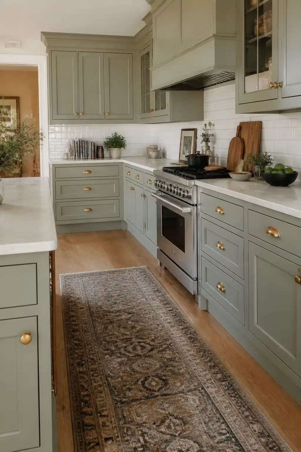 Traditional kitchen remodel idea with sage green shaker cabinets, brass cup pulls, white quartz countertops, and a vintage runner rug