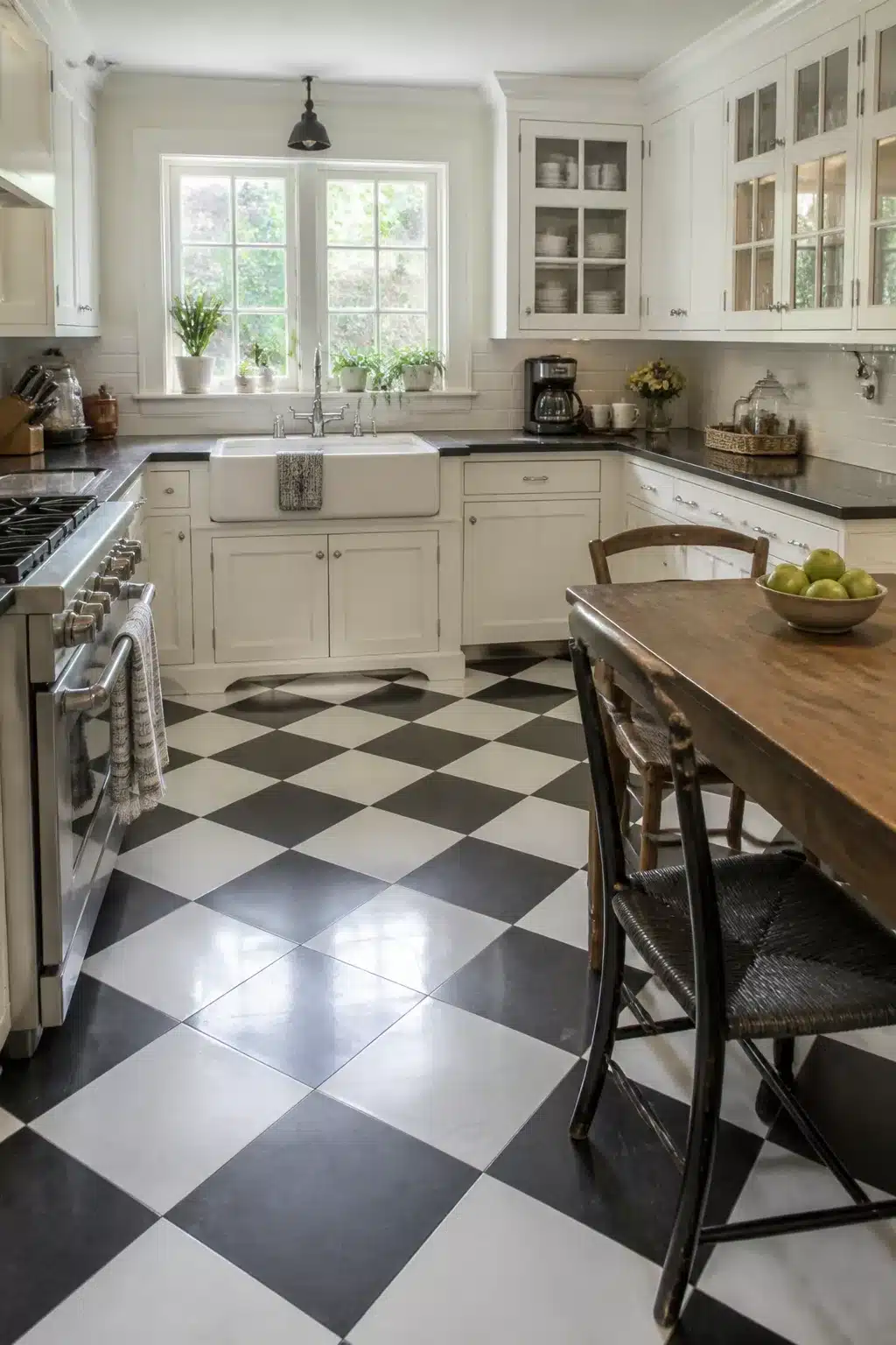 Traditional kitchen remodel ideas featuring a bold black and white checkered tile floor with white cabinets and dark countertops.