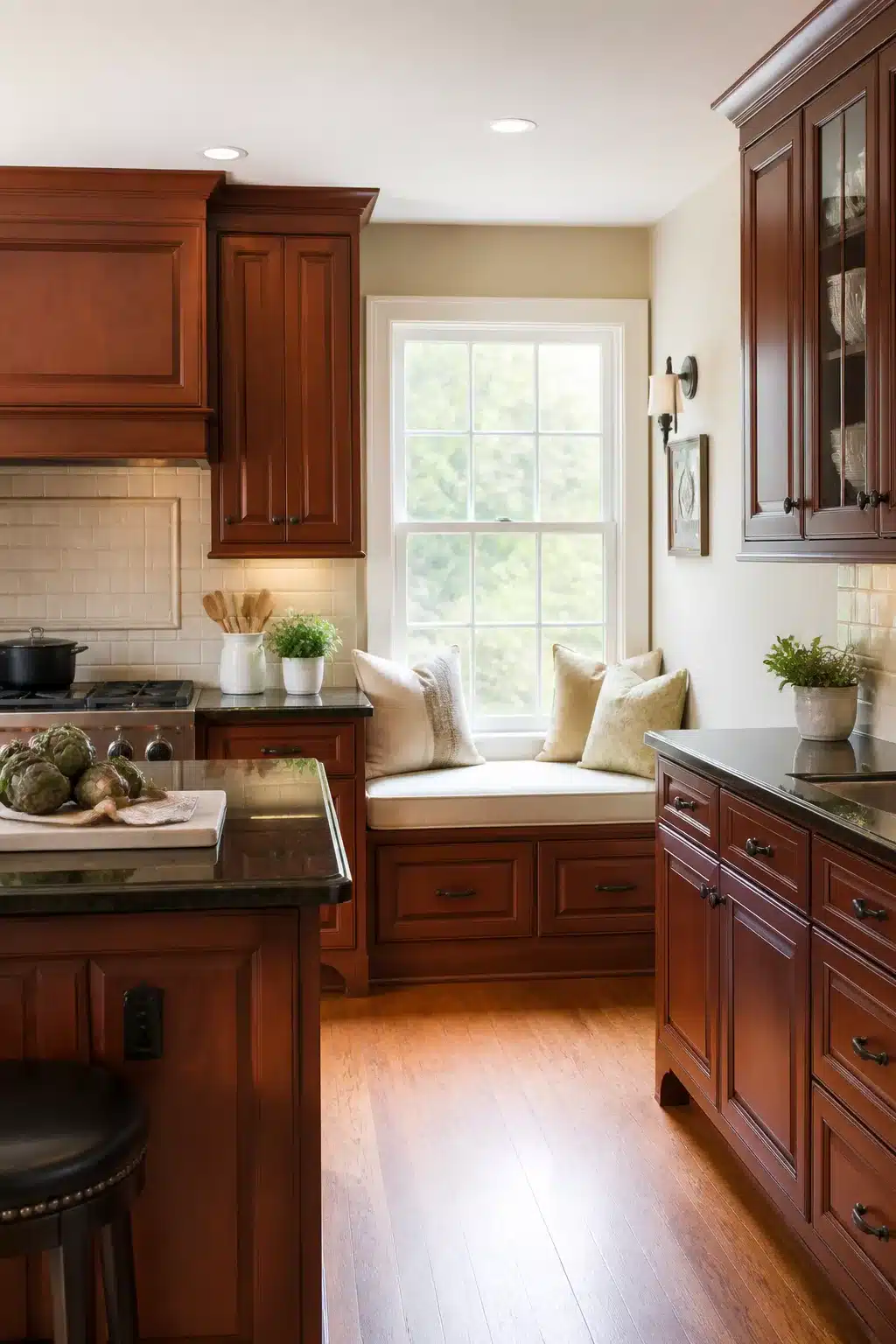 Traditional kitchen remodel ideas with raised-panel cherry wood cabinets, dark granite counters, and a built-in window seat.