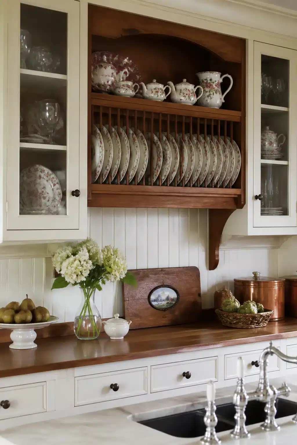 Traditional kitchen remodel idea featuring a built-in walnut plate rack with floral china and cream painted cabinets.
