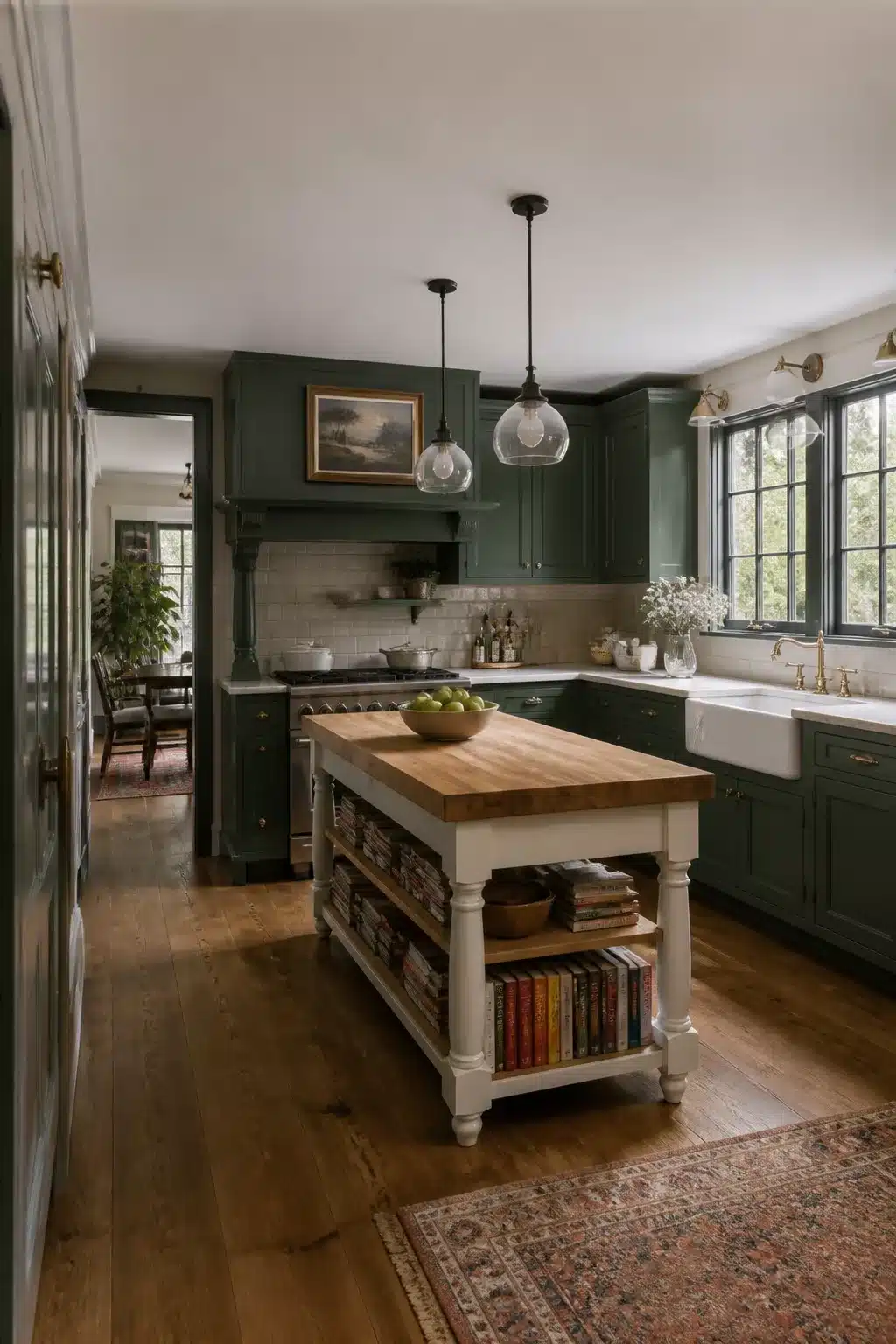Traditional kitchen remodel ideas featuring a butcher block island with turned legs, green cabinets, and brass fixtures.