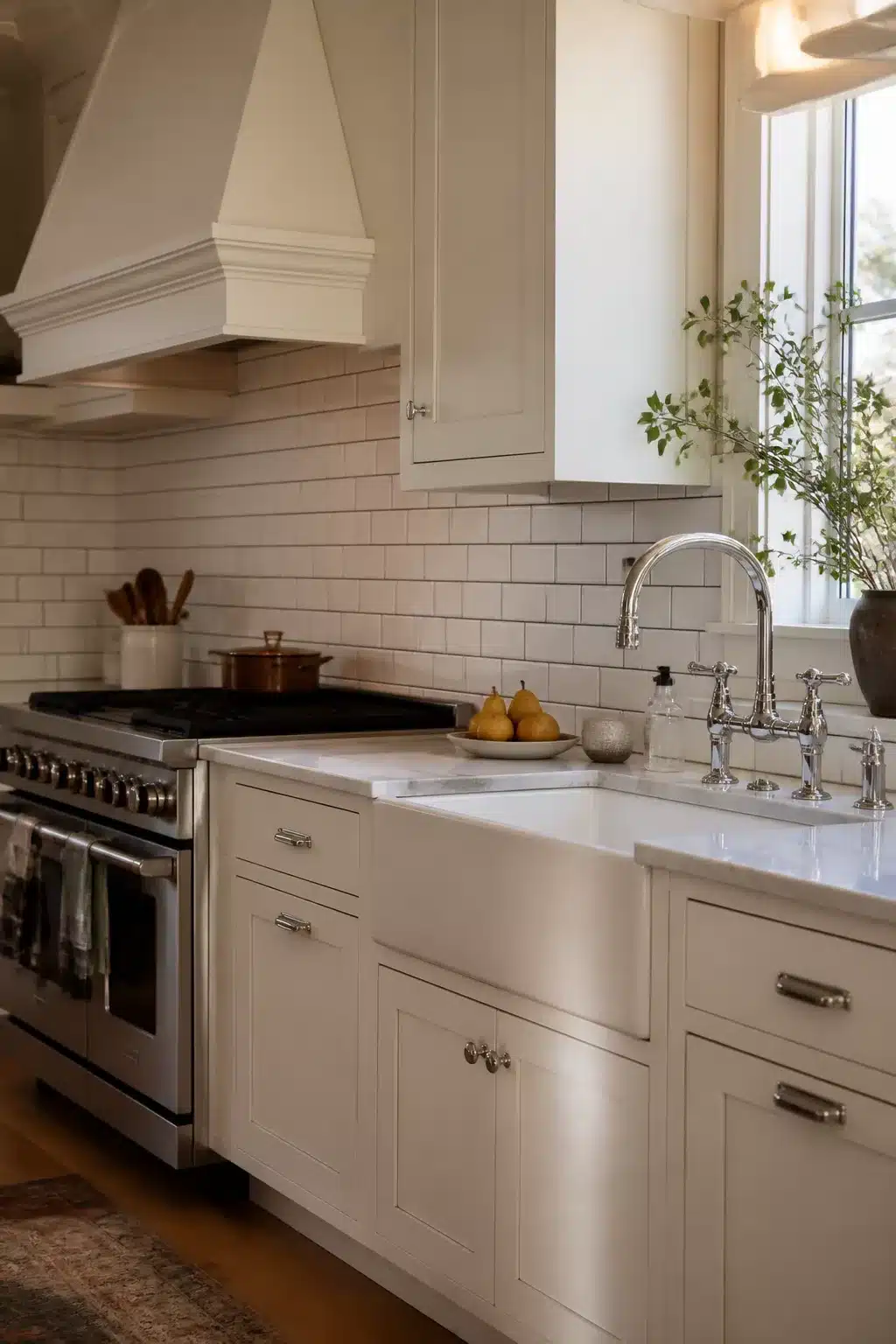 Traditional kitchen remodel ideas with white subway tile backsplash, dark grout lines, chrome bridge faucet, and apron sink.