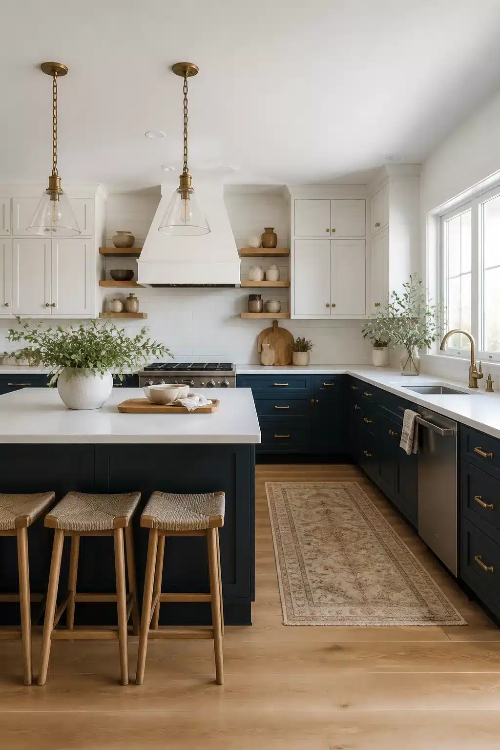 Two tone kitchen cabinet ideas with navy lower cabinets, white uppers, brass hardware, and a white quartz island