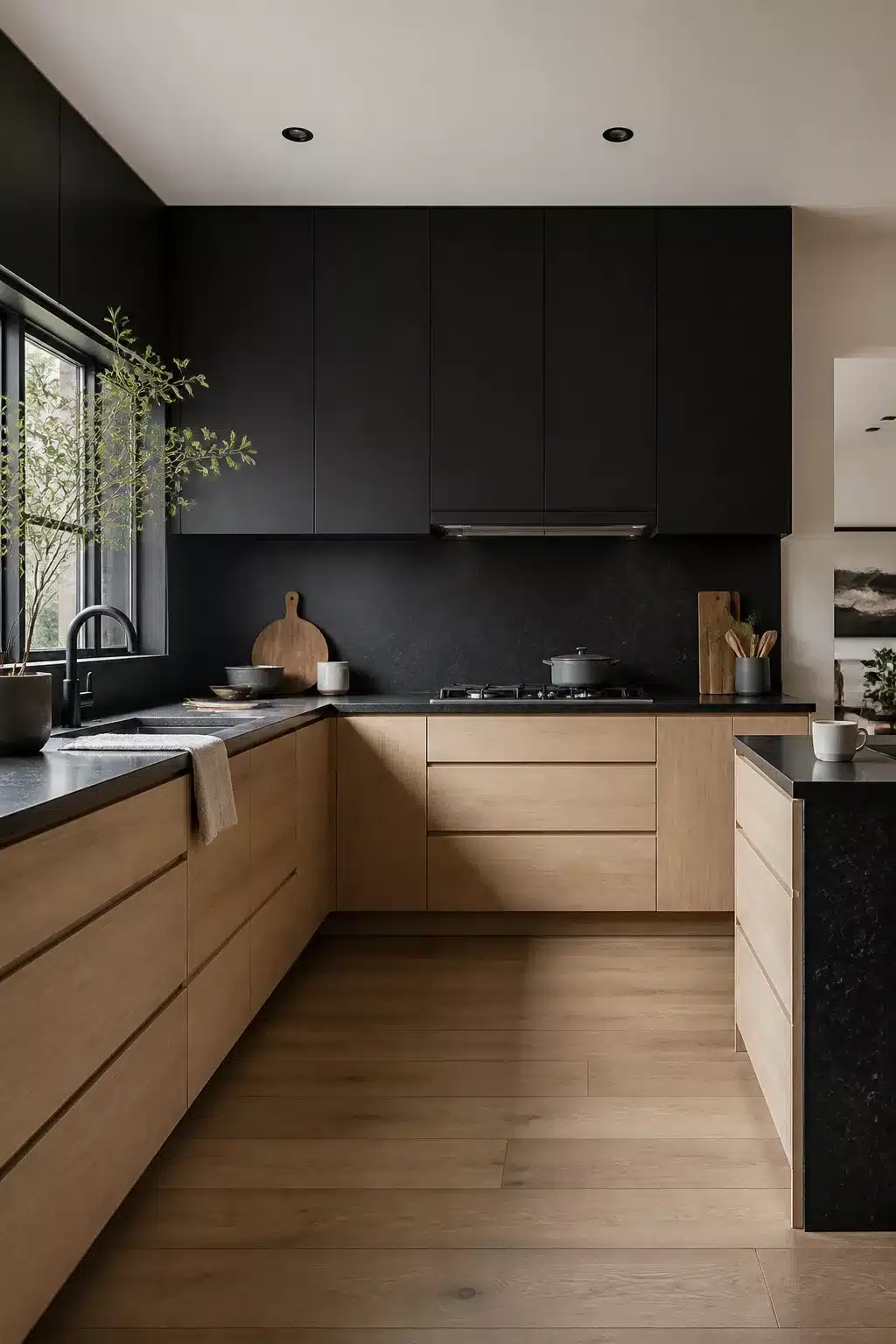Two tone kitchen cabinet ideas with matte black upper cabinets and raw oak lower cabinets with black stone countertops