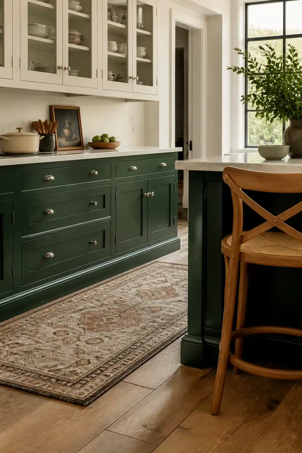 Two tone kitchen cabinet ideas with hunter green lower cabinets and warm cream glass-front uppers, oak floors, and a vintage runner.