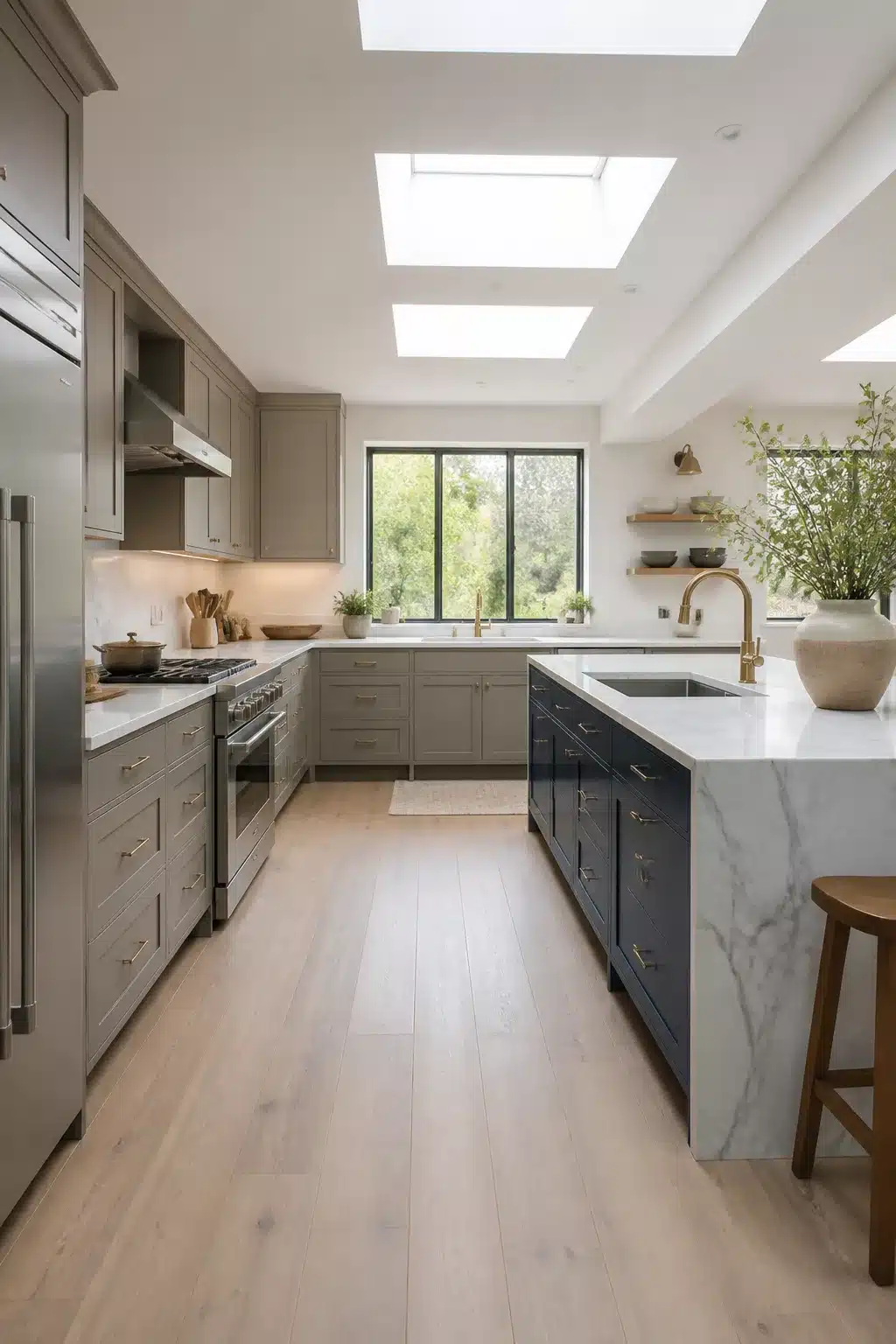 Two tone kitchen cabinet ideas with cobalt blue island and warm gray shaker perimeter cabinets with brass hardware